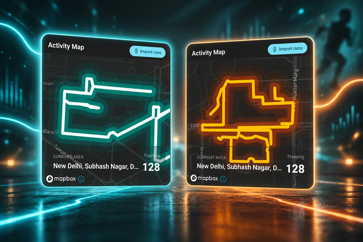 Two FitSocial Activity Map cards showing cyan cycling and orange running routes in New Delhi